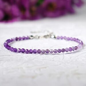 Dainty Amethyst Beaded Bracelet 3mm Faceted Crystal Gemstone Adjustable Chain